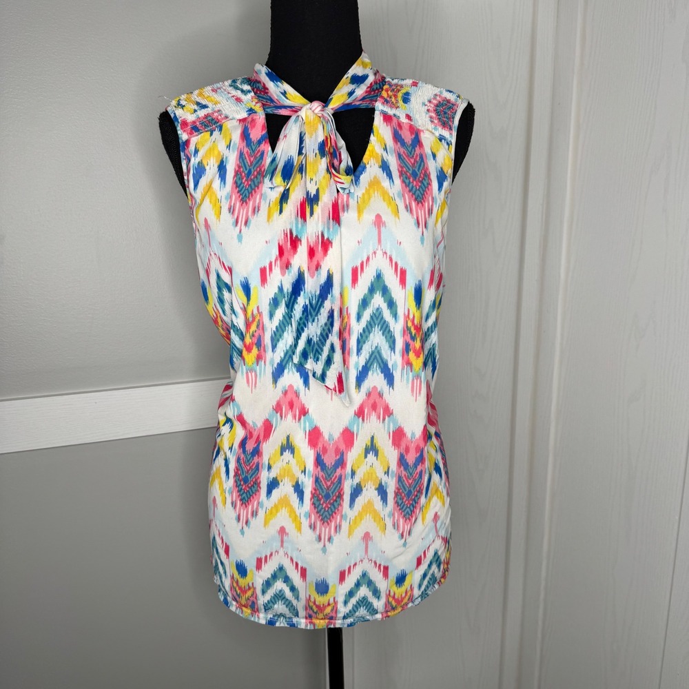 A Love Story Sleeveless Tie Neck Blouse‎ Women 2X Multi Ikat Chevron Print #2509